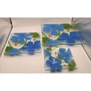 Vintage Dinner Plates Blue Art Glass Hand Painted Retro  Pebbled Backside.